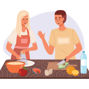 Characters are shown preparing a Mediterranean meal, jogging in a park, sleeping peacefully, and tossing a cigarette into the trash